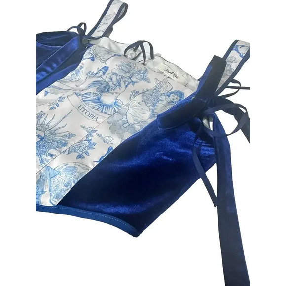 Simple Retro Navy Blue Floral Side Velvet Bustier Corset Top Size S - Picture 4 of 8